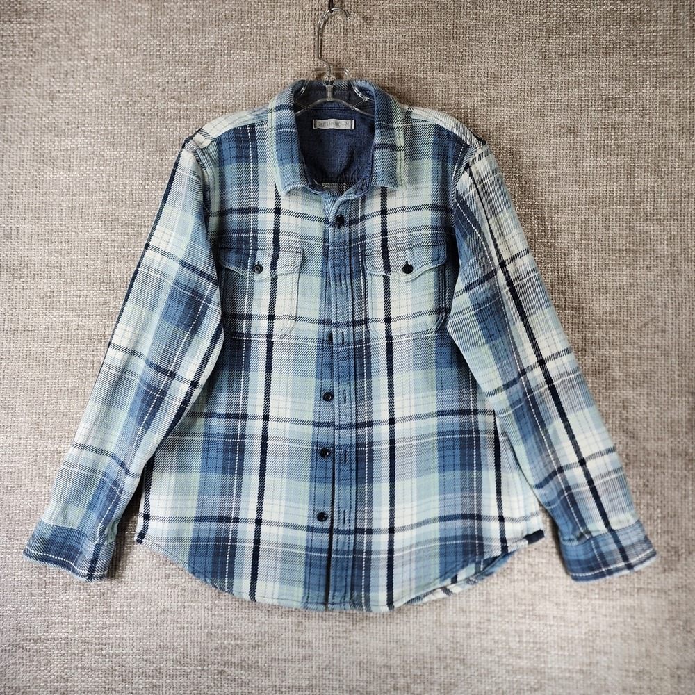 Outerknown Blanket Shirt Mens L Blue White Plaid 100% Organic Cotton Heavy Weave